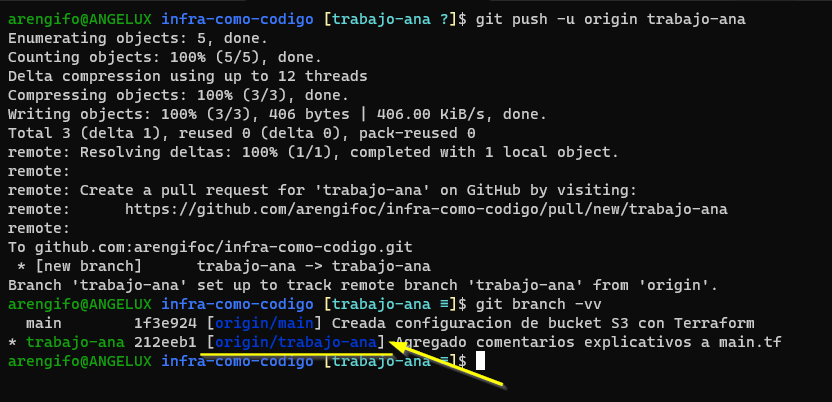 salida de comandos git push y git branch