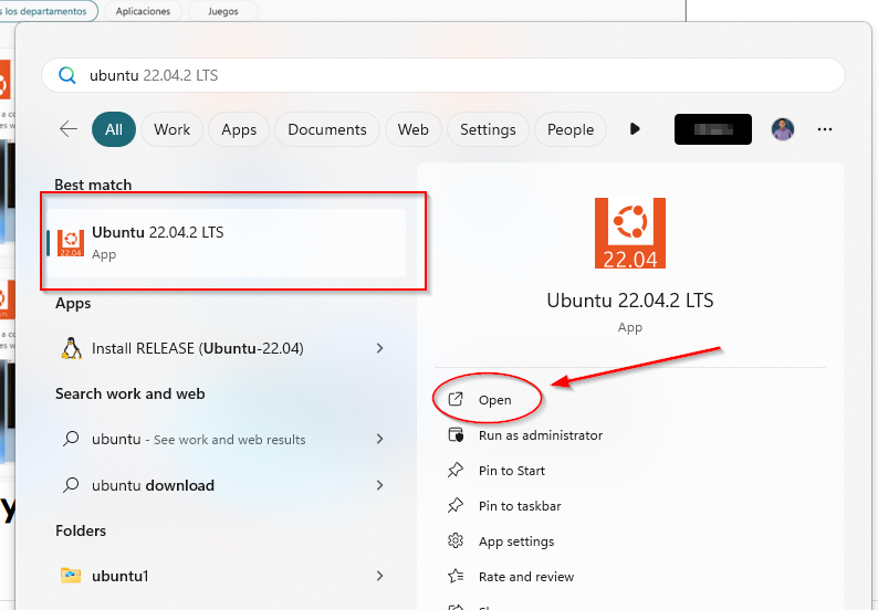 Menú inicio de Windows buscando Ubuntu