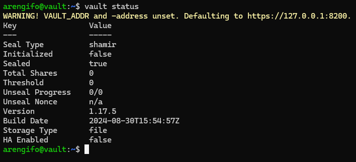 Comando vault status luego de configurar variables