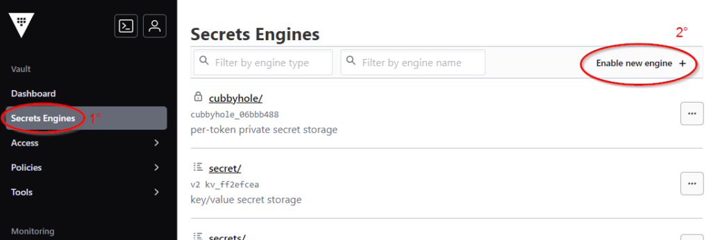 pasos 1 y 2 de creacion de motor de secretos KV en Vault