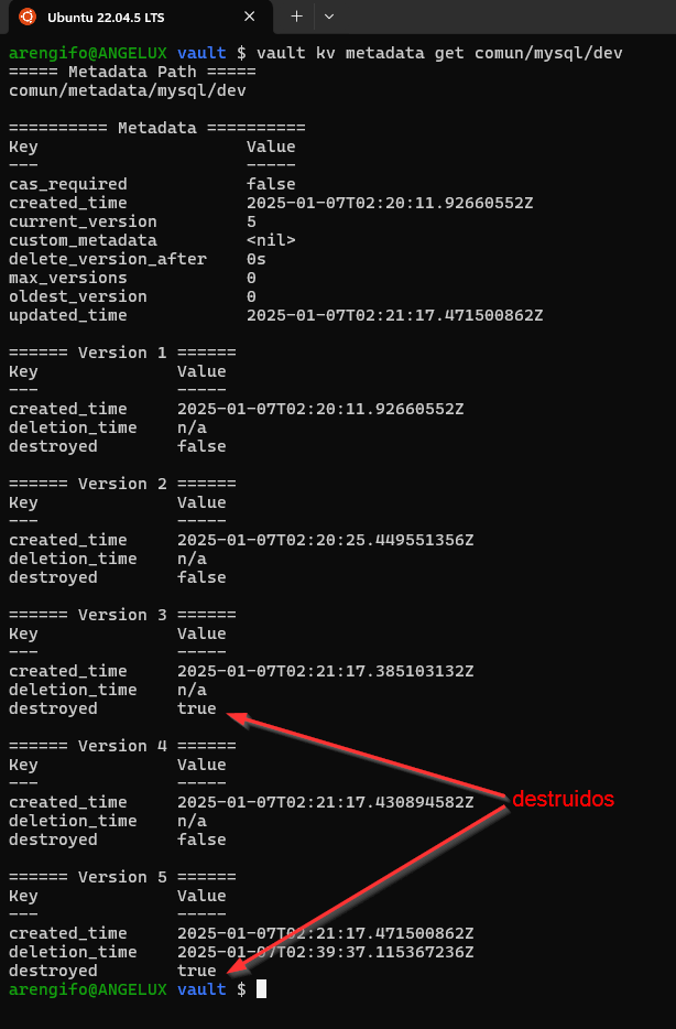 consulta de versiones de secretos KV destruidos