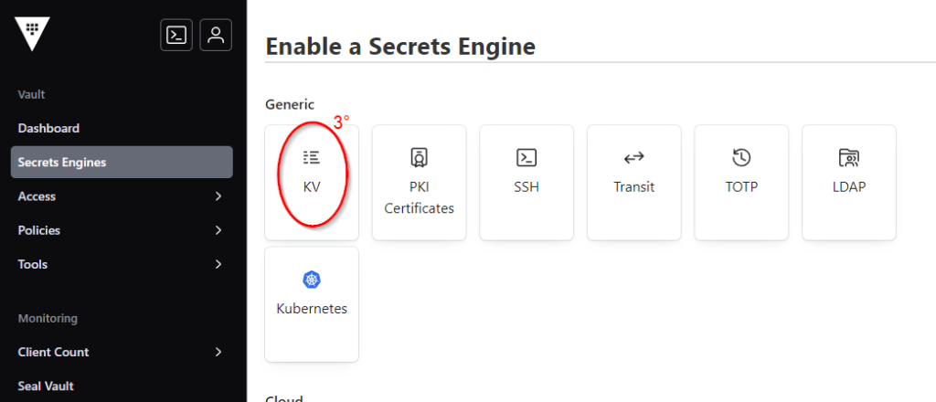 paso 3 de creacion de motor de secretos KV en Vault