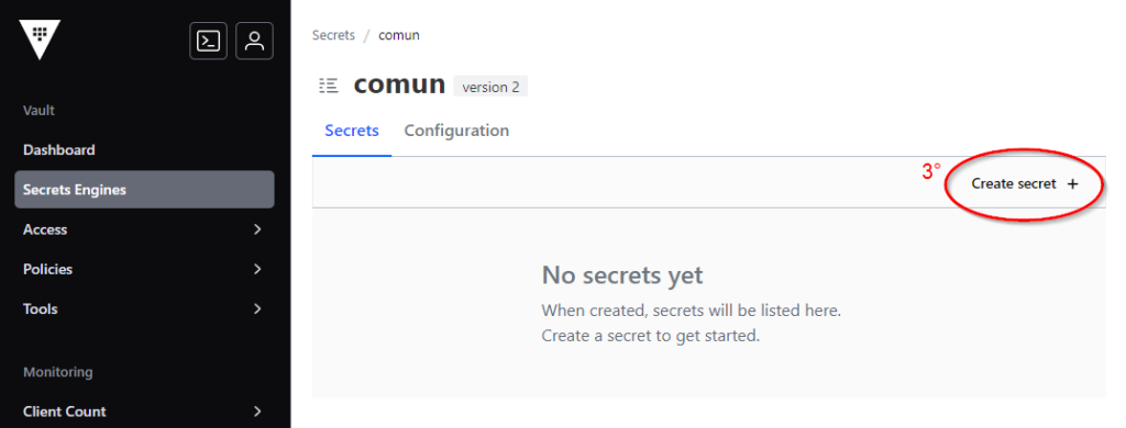 paso 3 de la creación de un secreto KV en Vault