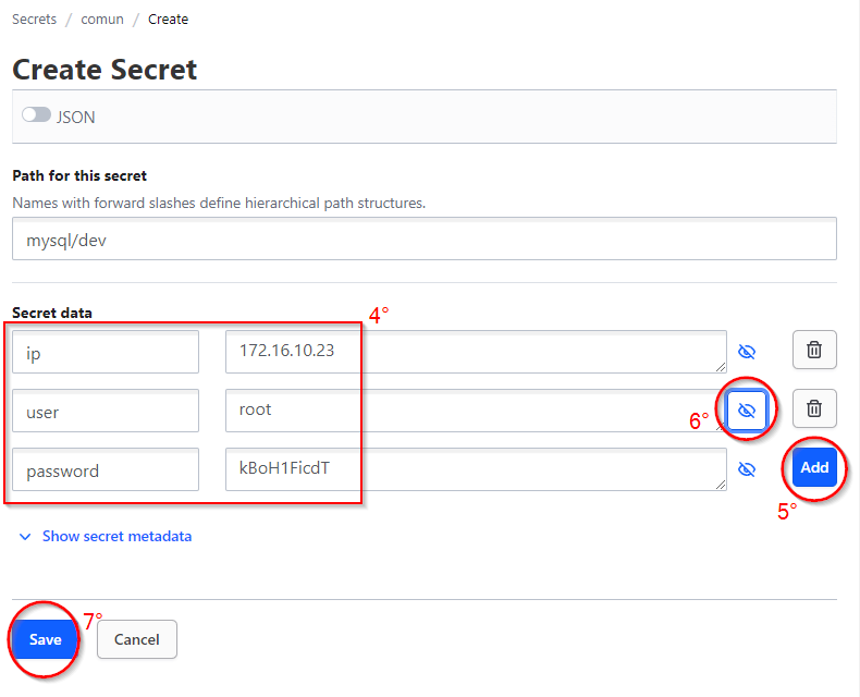 pasos 4, 5, 6 y 7 de la creación de un secreto KV en Vault