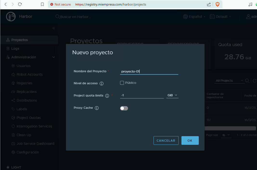 Creación de nuevo proyecto de Harbor