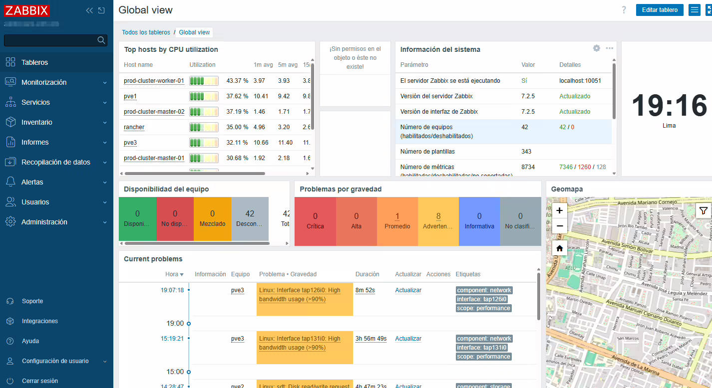 Captura de pantalla de monitoreo con Zabbix
